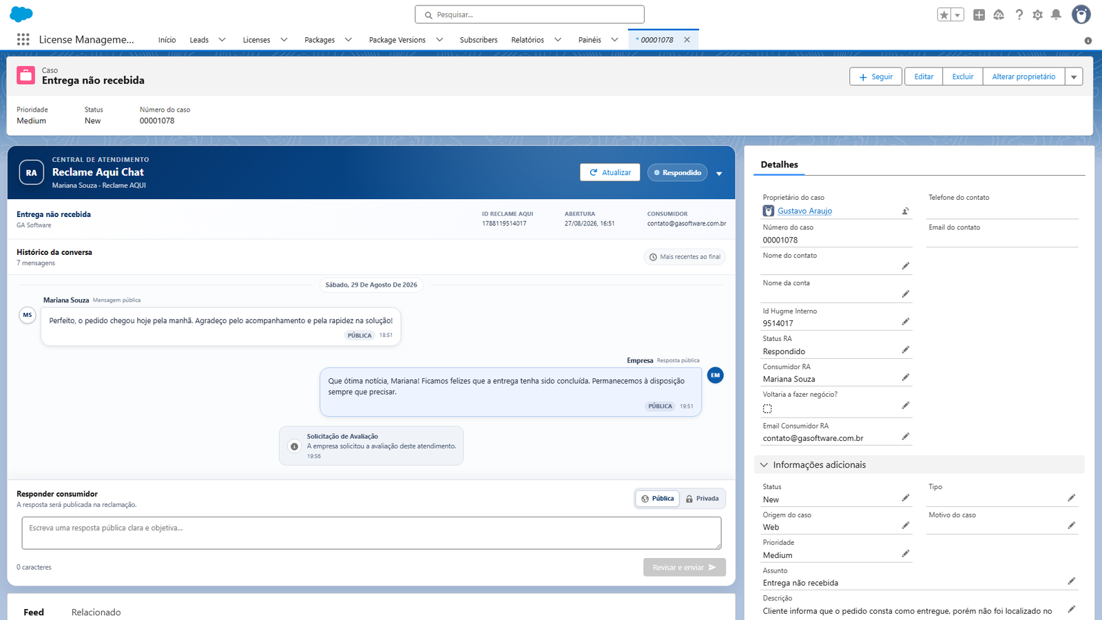 Reclame Aqui Chat em um Caso do Salesforce