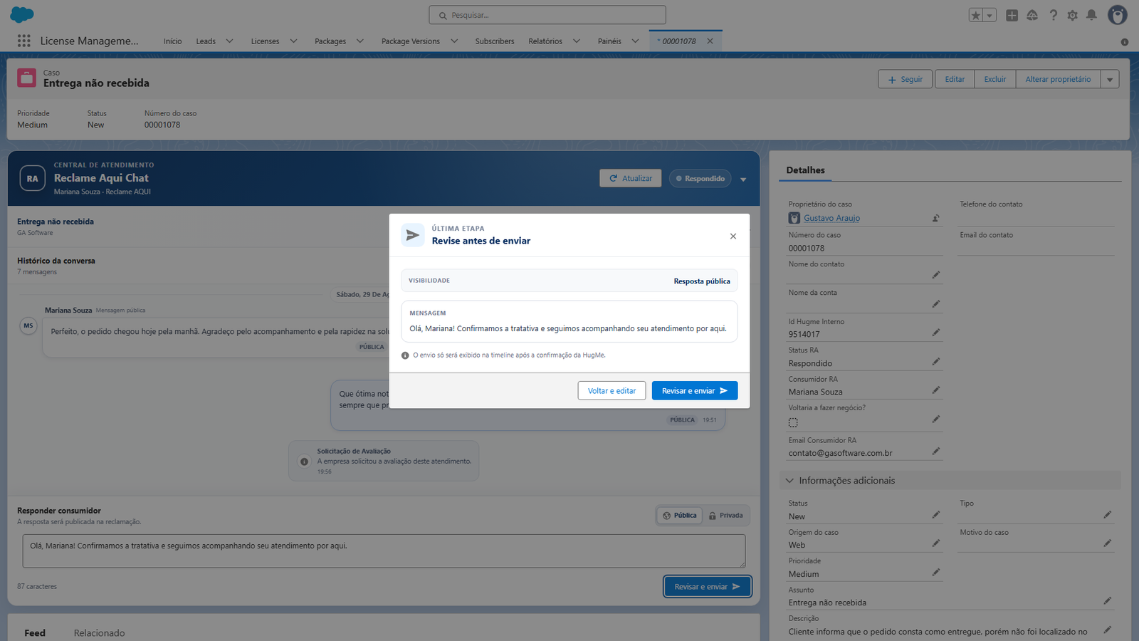 Revisão da resposta ao consumidor antes do envio, dentro do Salesforce